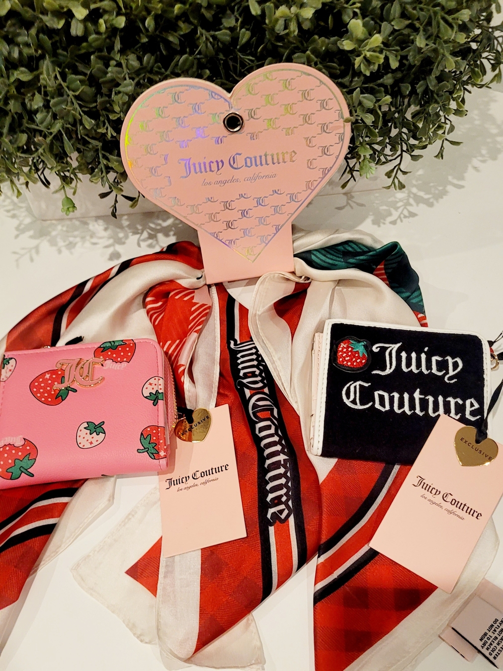 Juicy Couture Strawberry Wallets with Red, White, & Black Patterned Scarf